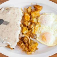 Tom Hanks Platter · Two eggs any style, country fried steak or chicken on two biscuits topped with sausage gravy...