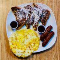 1+2+2 · French toast or waffle, two eggs any style, two pieces of a meat.