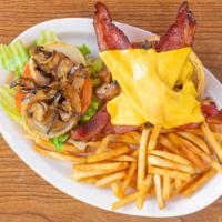 Charlie'S Burger · Grilled onions, bacon mushrooms, American.