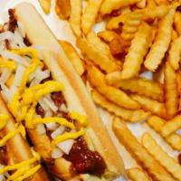 Swanky Platter · Two hot dogs, mustard, onions, chili.