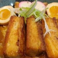 Summer Pork Belly Ramen · Ramen noodles served with caramelized pork belly, ajitsuke egg, scallion, inari tofu, nori a...