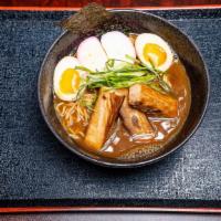 Pork Belly Confit Ramen · Ramen noodles served with caramelized pork, ajitsuke egg, scallion, inari tofu, nori and kam...