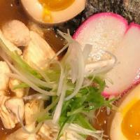 Chicken Shoyu Ramen · Ramen noodles in miso dashi broth, topped with an ajitsuke egg, kamaboko, Japanese mushroom,...