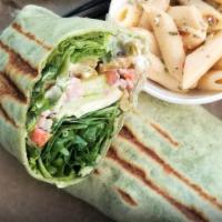 Veggie & The Jets Wrap · Spinach, roasted peppers, red onion, avocado, lettuce, tomato, cucumber and Monterey Jack ch...