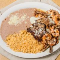 Cazuelon · Flour or corn tortillas, served with rice, beans with chicken, steak, shrimp, chorizo, and c...