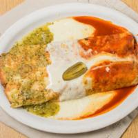 Burrito Bandera · Steak or chicken with beans and rice inside.