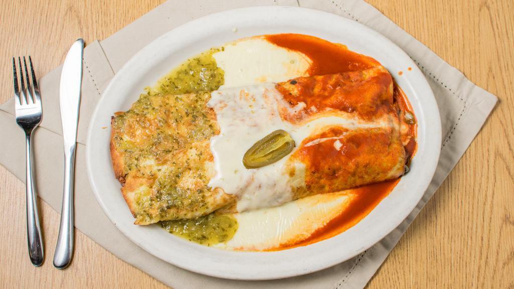 Burrito Bandera · Steak or chicken with beans and rice inside.