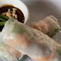 Fresh Summer Roll · Two pieces. Shrimp prawn, pork, lettuce, cucumber, beansprout, rice noodle, and basil wrappe...