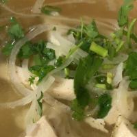 Chicken Pho · Vietnamese Chicken broth pho with chicken meat.  Comes with rice noodles, onions, scallions,...