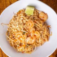 Pad Thai · Thai noodles with egg, bean sprouts, scallions, onions, peanuts, and choice of chicken, beef...