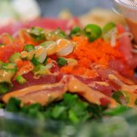 Poke Bowl · Loaded with cucumber, avocado, cilantro, edamame, mixed salad, and sesame seeds.  Served wit...