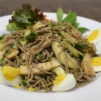 Sesame Soba · Japanese cold soba noodles in sesame soy dressing with cilantro, scallions, sesame seeds, bo...
