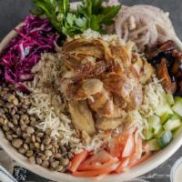 Chicken Shawarma Bowl · Sliced, marinated chicken thighs spiced and slowly cooked on a vertical spit. This bowl come...