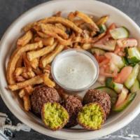 Kids Falafel (Vegan) · Falafel, fries and your choice of a salad (cucumber & tomato or sour red cabbage). Served wi...