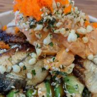 True Samurai  · Broiled Eel and Spicy Salmon, corn, Crab Salad, Seaweed Salad, Avocado , edamame, Masago, Fu...