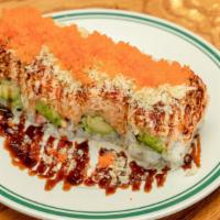 Amazing Roll (8 Pcs) · Salmon tempura, avocado topped w. spicy crab meat, spicy chilli sauce,
 eel sauce, tempura c...