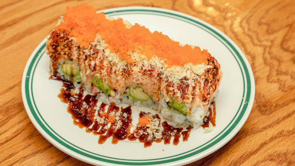 Amazing Roll (8 Pcs) · Salmon tempura, avocado topped w. spicy crab meat, spicy chilli sauce,
 eel sauce, tempura crunchy & masago