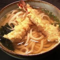 Tempura Udon Soup · 2pcs shrimp tempura, 3pcs vegetable tempura, Japanese wheat noodles in soy dashi.