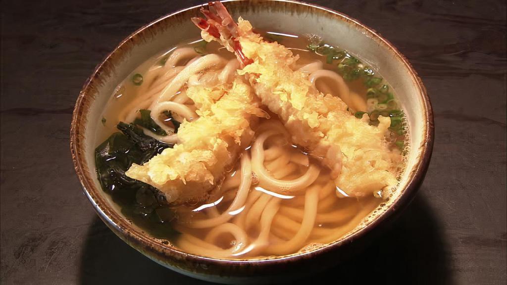 Tempura Udon Soup · 2pcs shrimp tempura, 3pcs vegetable tempura, Japanese wheat noodles in soy dashi.