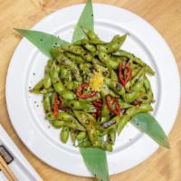 Edamame · Steamed edamame topped with sea salt flakes. Eat fit certified!