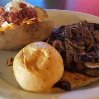 Hamburger Steak ( 8 Oz) · Fresh ground beef flame grilled well done and topped with grilled onions and mushrooms.