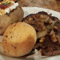 Hamburger Steak ( 16 Oz) · Fresh ground beef, flame-grilled well done and topped with grilled onions and mushrooms.