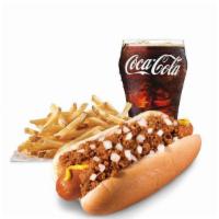 Jumbo Chili Dog Combo · Jumbo juicy hot dog topped with spicy beef chili mustard and chopped onions. Served with Fri...