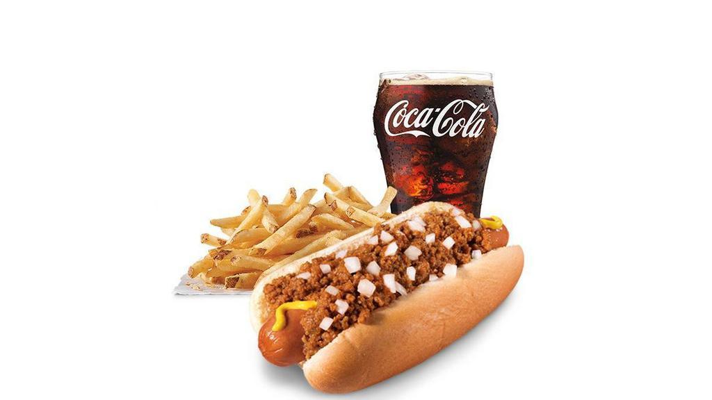 Jumbo Chili Dog Combo · Jumbo juicy hot dog topped with spicy beef chili mustard and chopped onions. Served with Fries and a Beverage.