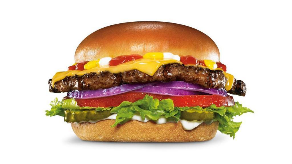 Original Angus Burger · Charbroiled Third Pound 100% Angus Beef, melted American cheese, lettuce, tomato, red onions, pickles, mustard, mayonnaise and ketchup, served on a potato bun.