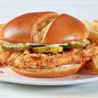 New! Chicken Sandwich · Fried chicken breast, pickles and mayo on a toasted bun.. Served with fries. MAKE IT BUFFALO...