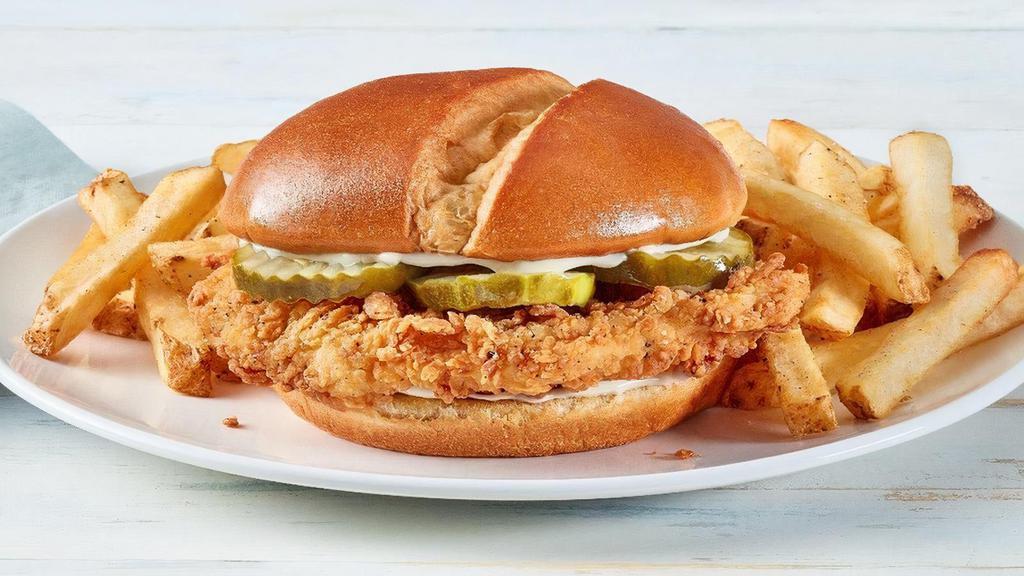 New! Chicken Sandwich · Fried chicken breast, pickles and mayo on a toasted bun.. Served with fries. MAKE IT BUFFALO OR NASHVILLE HOT.