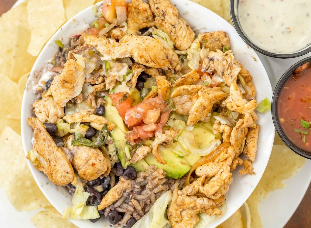 Burrito Bowl · Steak or chicken. Served with avocado slices, rice, beans, lettuce, sour cream, shredded cheese and pico de gallo in a bowl without the tortilla.