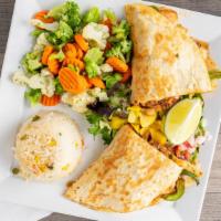 Quesadilla (1) · One grilled flour tortilla filled with your choice of shredded beef or chicken with rice, or...