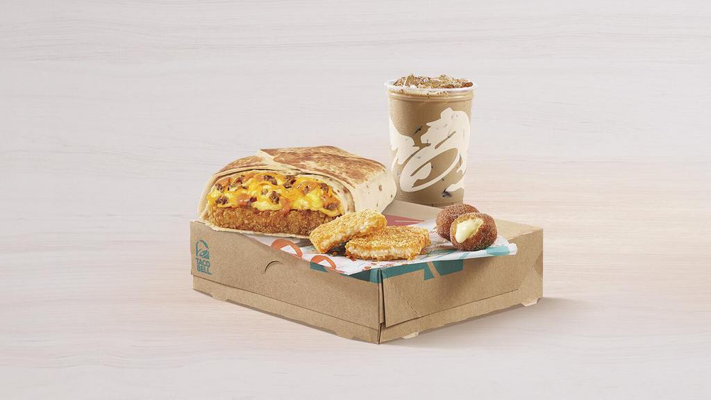 Bell Breakfast Box · Includes a Breakfast Crunchwrap with sausage, two Cinnabon Delights®, a hash brown, and a medium fountain drink or coffee.