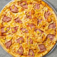 Hawaiian Pizza · Our famous house made dough topped with red sauce, ham, pineapples, and our house cheese blend