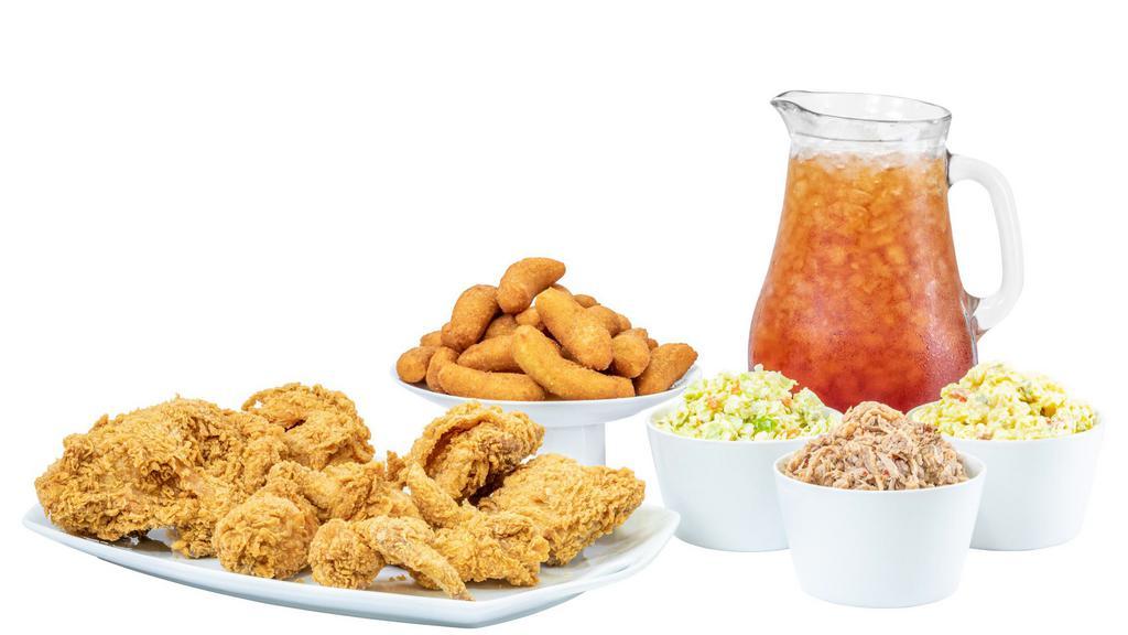 Tailgate Special With Bar-B-Q · 8 pieces of chicken ( or 10 Tenders), Pint of Bar-B-Q, two dozen hushpuppies, two sides of your choice, and a gallon of tea.