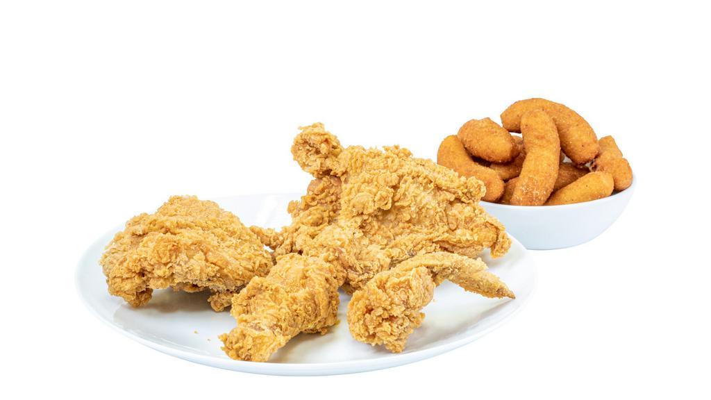 Chicken Box (4Pc) · 4 pieces of chicken : 1 Breast, 1 Wing, 1 Thigh, and 1 leg and 1 dozen hushpuppies.