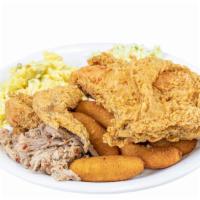 Combination Platter · Two pieces of chicken, bar-b-q. hushpuppies, and two sides of your choice.