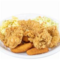 Chicken Platter · Two pieces of chicken ( or three tenders), hushpuppies, and two sides of your choice