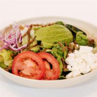 Viva Salad · Organic mixed romaine and kale, cucumbers, onions, tomato, feta cheese, avocado, balsamic dr...