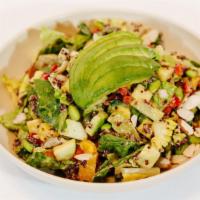 Andina Power Food Salad · Kale Romaine Mix, Organic Quinoa, Seasonal Fruit, Edamame, Toasted Almonds, Red Peppers, Lim...