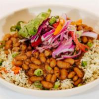 Tacu Bowl · Cilantro Infused or Jasmine Rice, Canary Beans, Salsa Criolla (Lime Marinated Onions and Tom...
