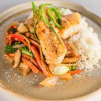 Coconut Curry Whitefish · Pan seared cod loins, mixed vegetables, and steamed rice.