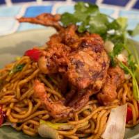 Soft Shell Crabs · Two tecate beer battered jumbo soft shell crab with garlic noodles