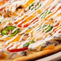 Mexican · black bean spread base with mozzarella and cheddar, wood-roasted chicken, roma tomatoes & sl...