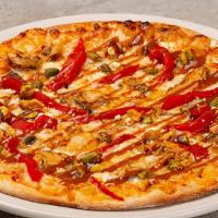 Sweet Thai Chicken · wood-roasted chicken tossed in sweet chili sauce, with goat cheese, mozzarella, roasted red ...