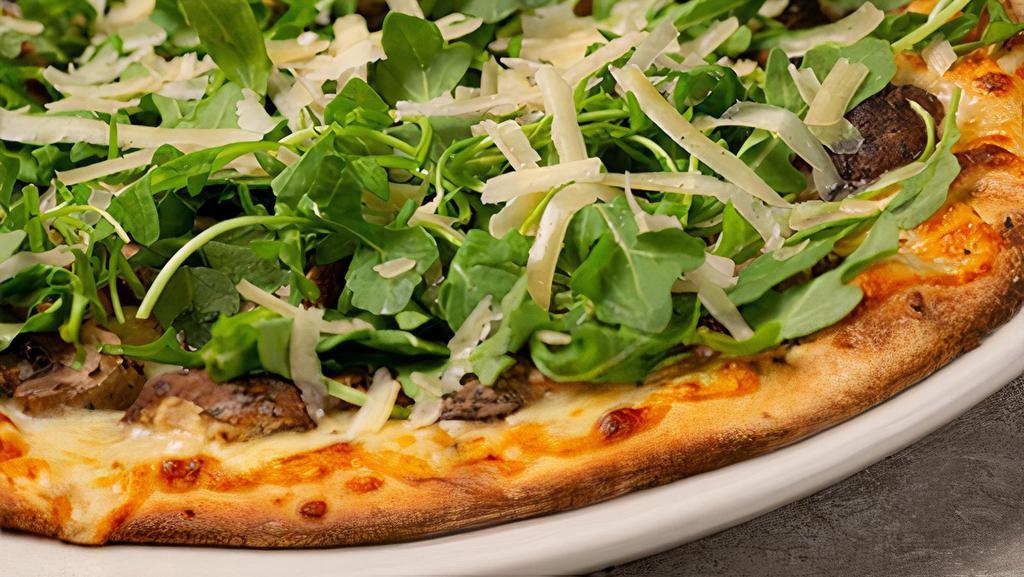 Wild Mushroom · a trio of wood-roasted shiitake, portobello & button mushrooms with mozzarella on an olive oil base topped with arugula and shaved parmesan