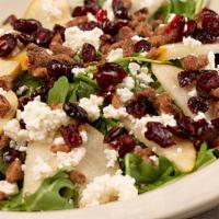 Arugula & Pear Salad · arugula topped with pears, candied pecans, gorgonzola and sun-dried cranberries with honey h...