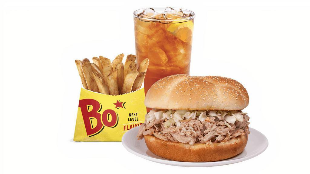 Pulled Pork Bbq Sandwich Combo - 10:30Am To Close · Authentic Eastern North Carolina pulled pork BBQ topped with coleslaw and served inside a toasted bun, served as a combo with choice of one home-style fixin' and a drink.