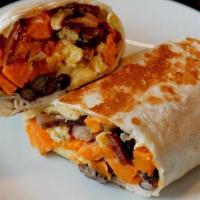 Elegy Breakfast Burrito · Roasted sweet potato, onion, bacon, egg, black beans, sharp cheddar, chili-lime crema